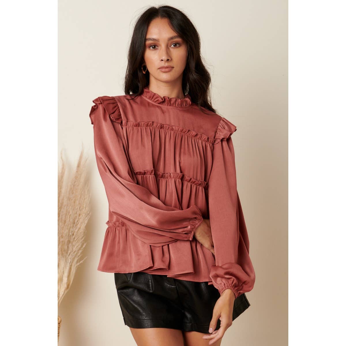 mittoshop - Wholesale Blouse - Women's - SATIN RUFFLE TIER DETAIL BLOUSE1
