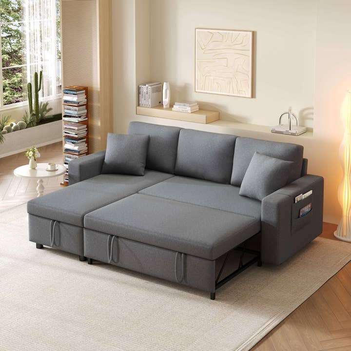 Urban Meuble - Wholesale Sofa - Reversible 3-seater gray linen fabric corner sofa bed PHOTOSPHERE4