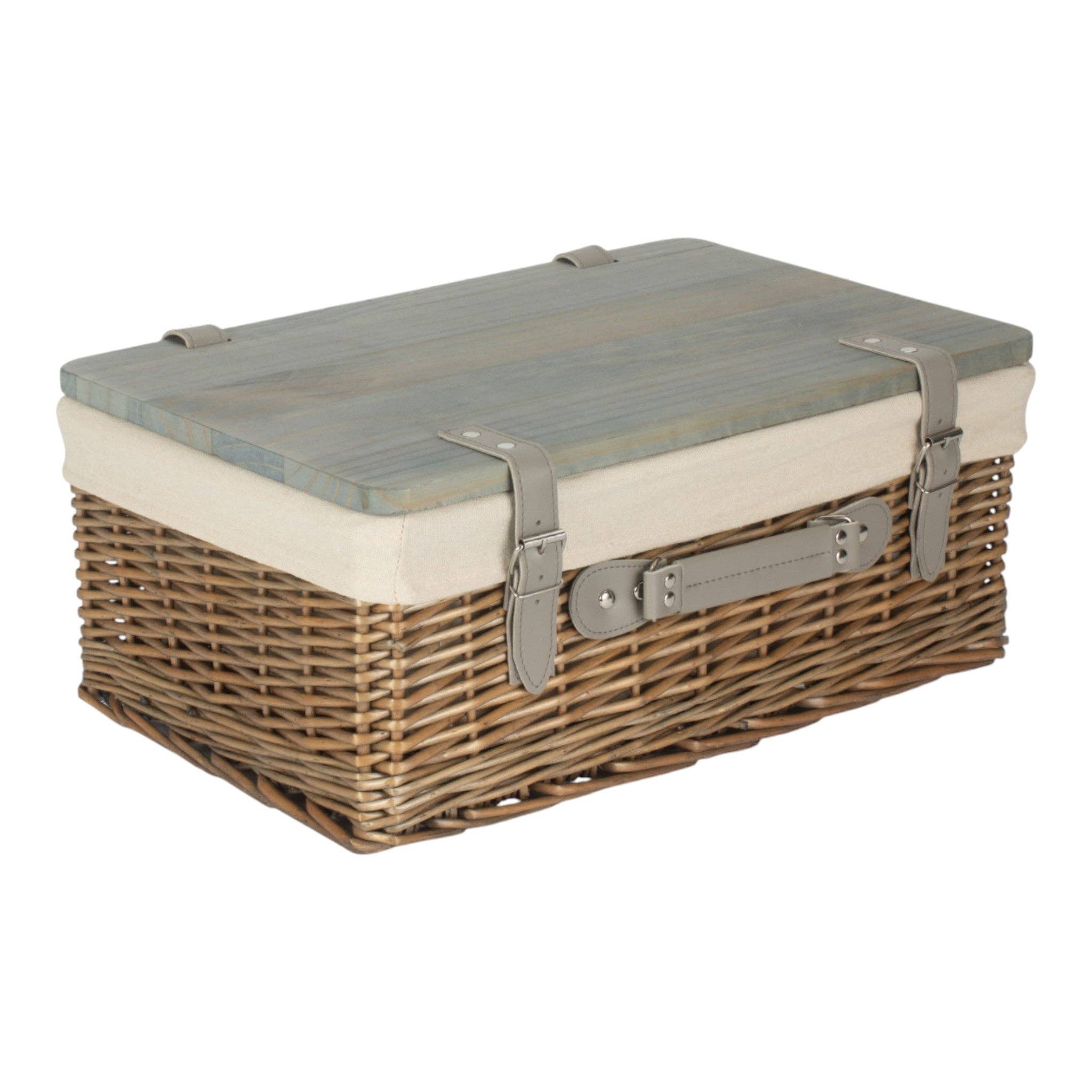 Red Hamper – wholesale Picnic basket – Antique Wash White Lined Willow Empty Picnic Basket with Pinewood Lid0