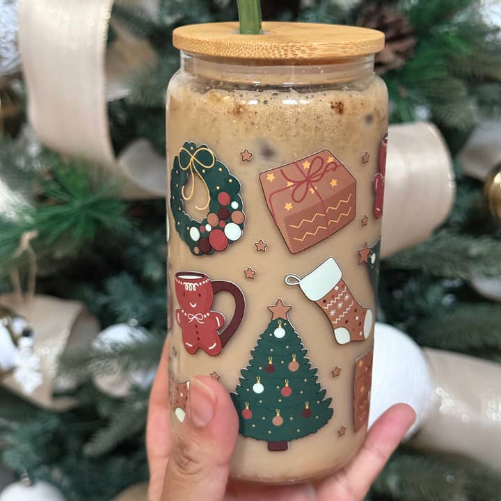 Cozy Christmas Glass Cup With Lid and Straw  and other Purchase wholesale glass with bamboo lid and straw. Free returns & net 60 terms on Faire trending on Faire.