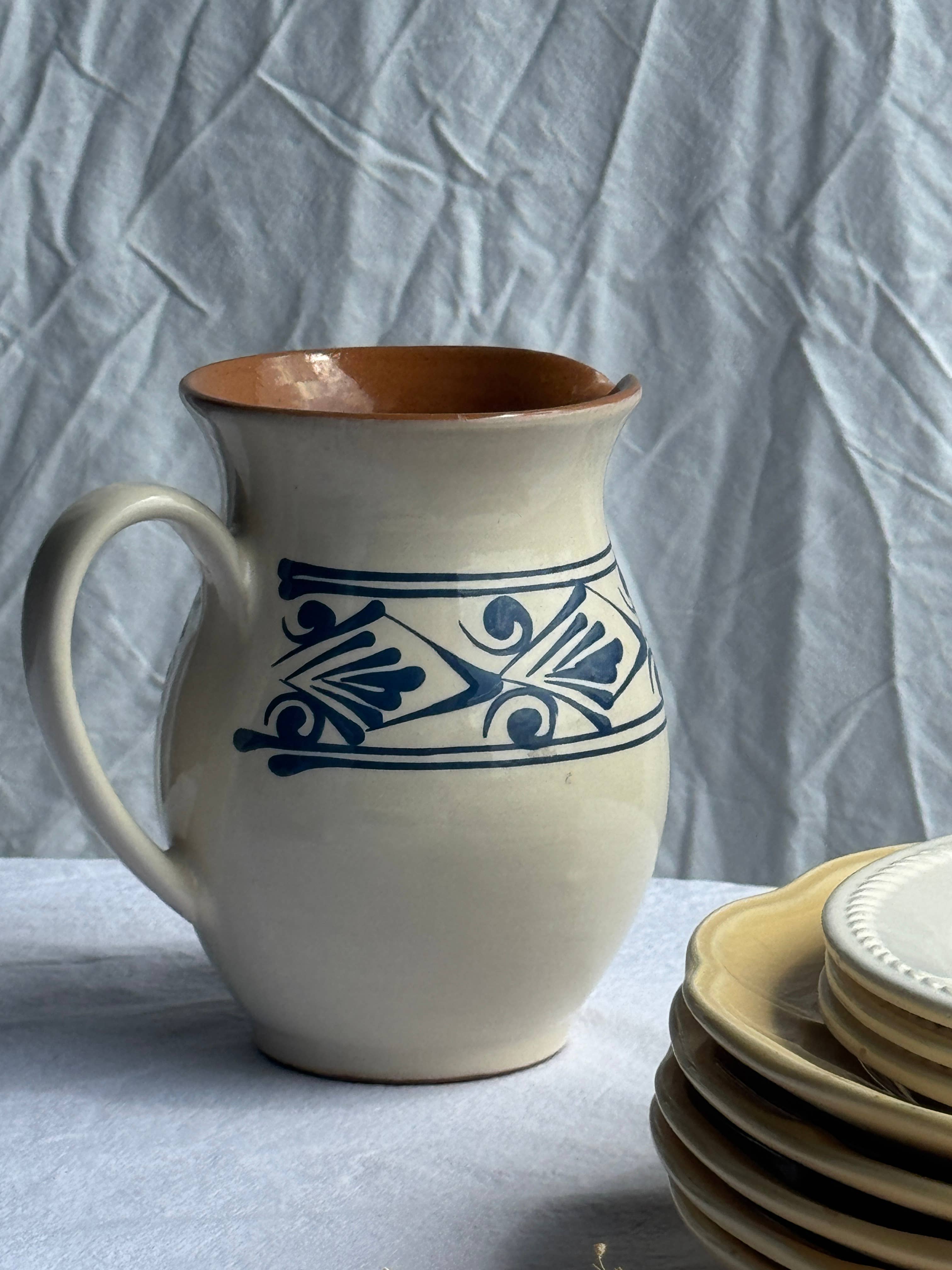 Office Objets - Wholesale Pitcher - Vintage white pitcher with stylized blue vegetal frieze H17.58