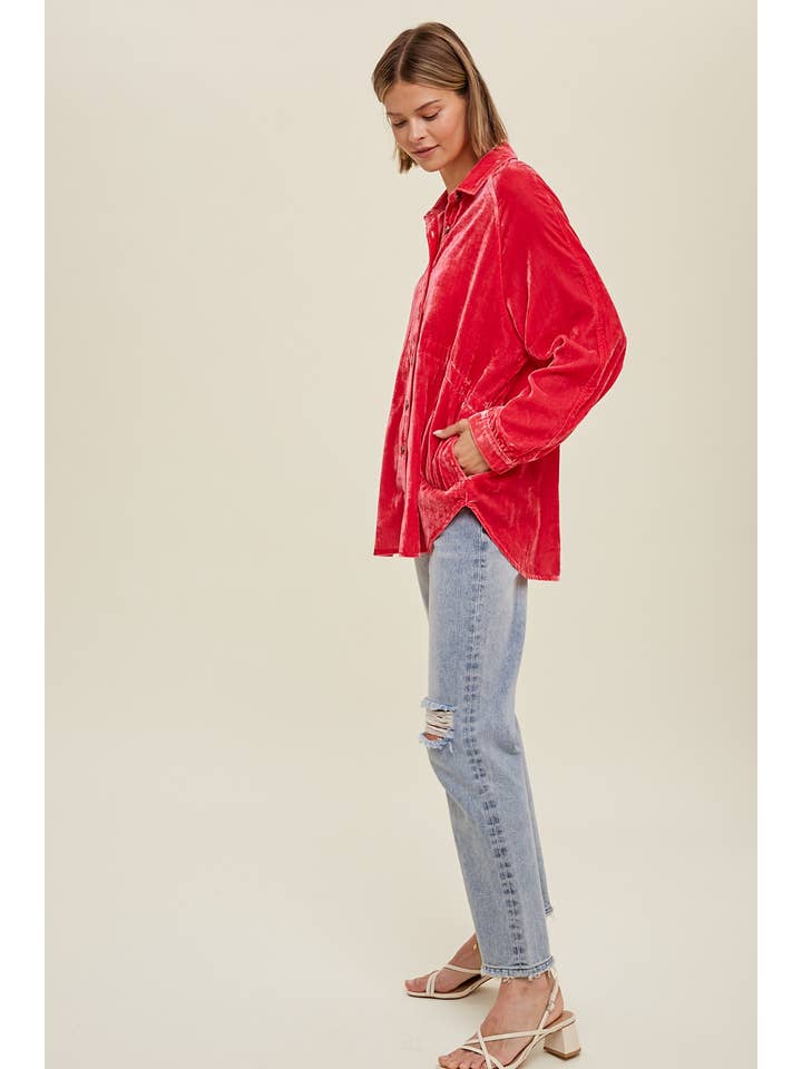 Wishlist Apparel - Wholesale Button Down Shirt - Women's - OVERSIZED CRUSHED VELVET SHIRT WITH SIDE POCKETS / WL22-6766