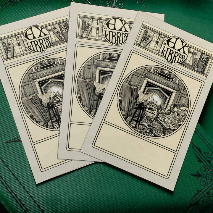 Poltrone vicino al fuoco, Ex-Libris in carta gommata per la vendita all'ingrosso da parte di Ebon et Noir LLC