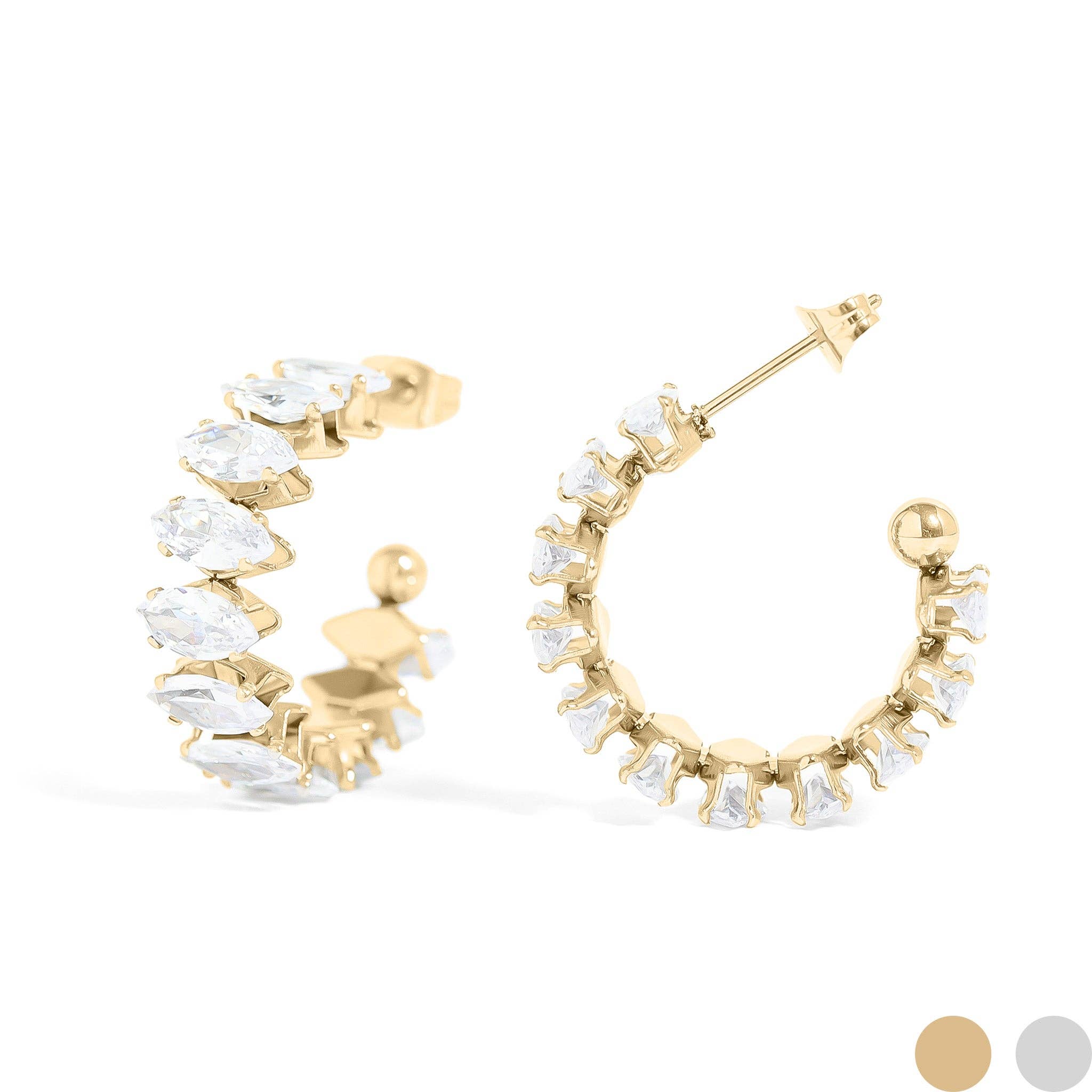 WJW - Wholesale Hoop Earrings - 18K Gold PVD Stainless Steel Marquis CZ Stone Hoop Earrings