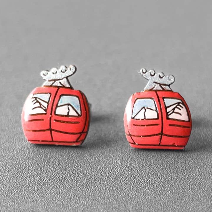PinTonik - Wholesale Stud/Post Earrings - Ski Gondola Stud Earrings - Fun Apres Ski Wood Earrings0