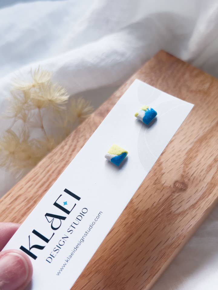 Col J ✦ Yellow-Blue Terrazzo Mini Stud Earrings for wholesale by KLAEI DESIGN STUDIO