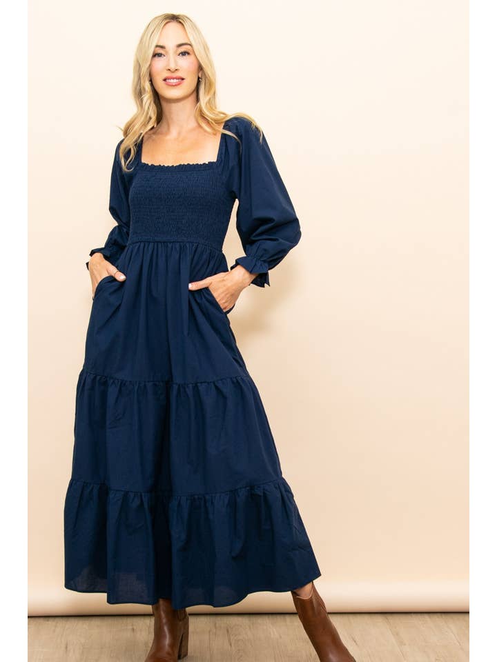 Elloh Collection - Wholesale Dress - Women's - Long Sleeve Smocked Chest Flattering Maxi Dress