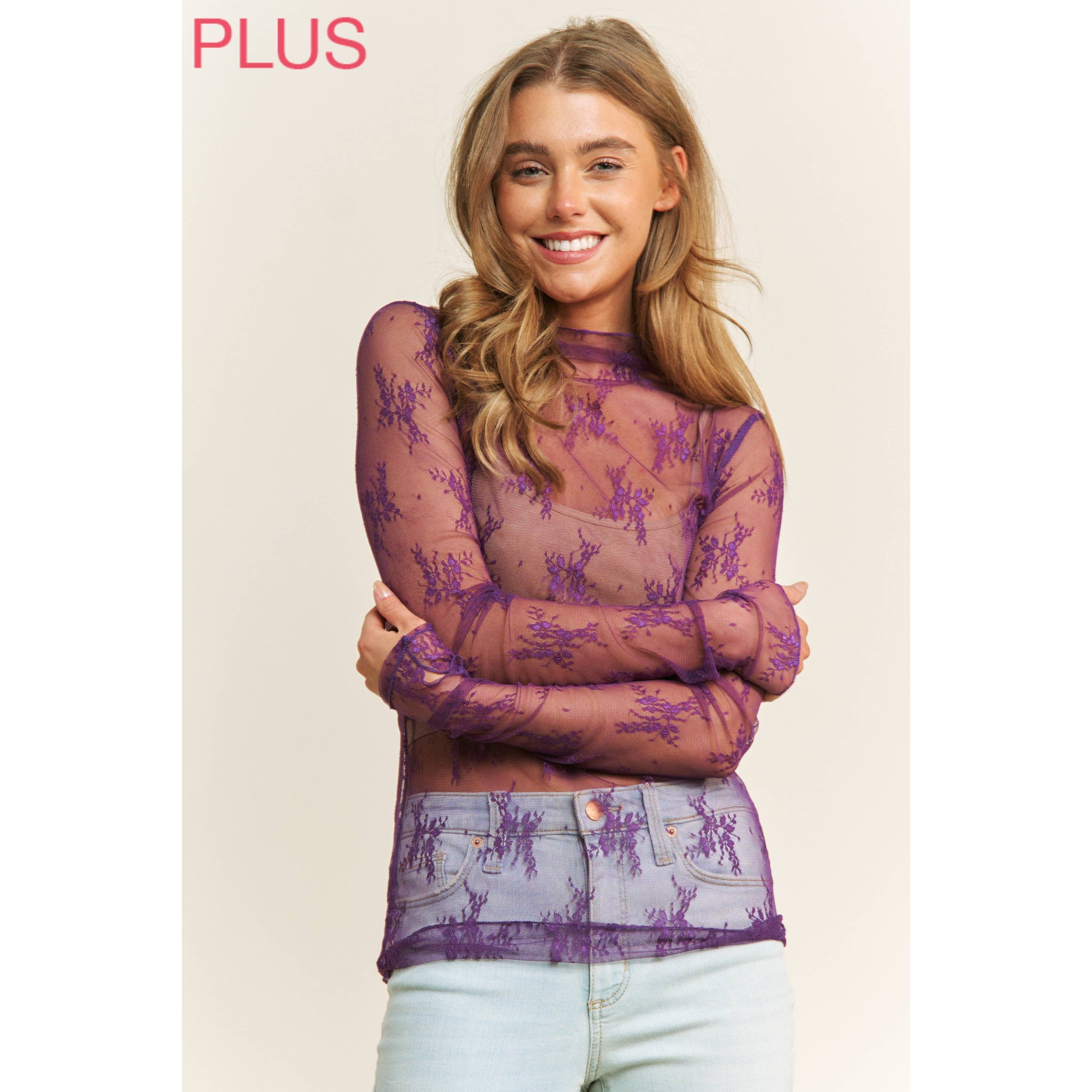 Sweet Generis - Wholesale Knit Top - Women's - PLUS MESH LACE HIGH NECK DESIGN LONG SLEEVE FITTED TOP23