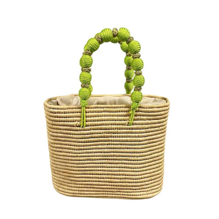 MIRAMAR Store - Wholesale Beach Bag - Handcrafted Raffia Bag with Green Beaded Handle