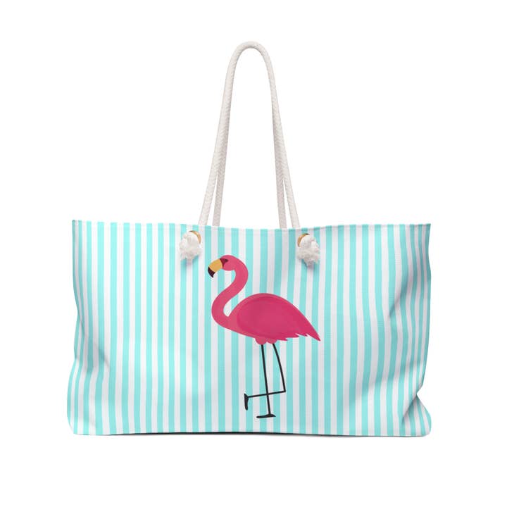 Pink Flamingo Striped Beach tote bag. Rope handle Weekender for wholesale by Lyn Roma