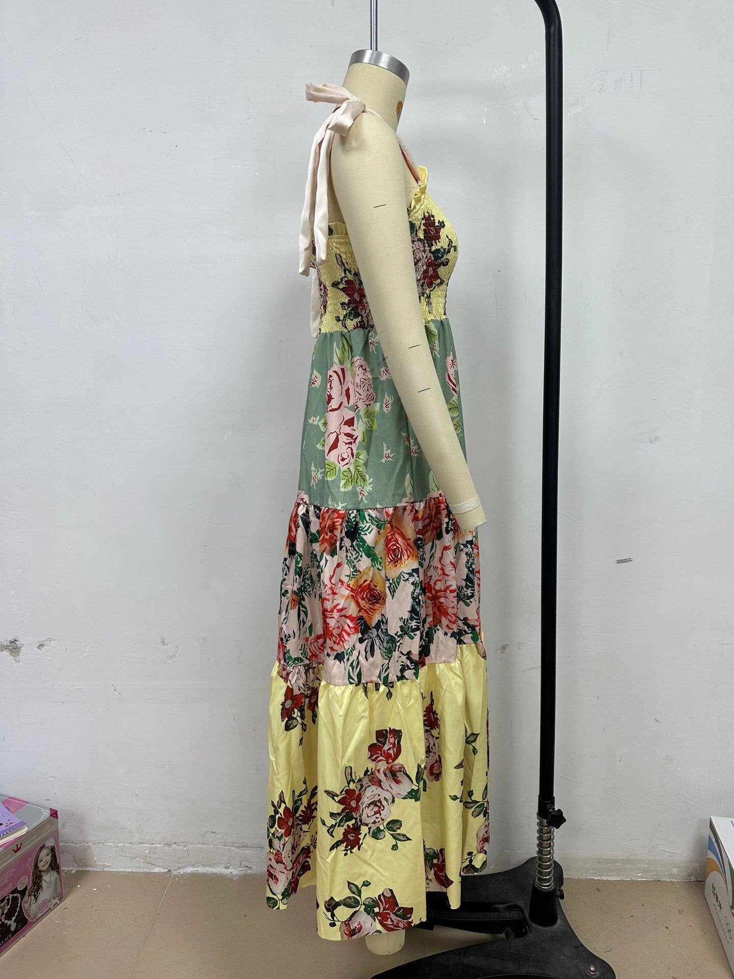 Rosa Clothing - Wholesale Dress - Women's - Gingham Floral patchwork playful bow strap tiered maxi dress5