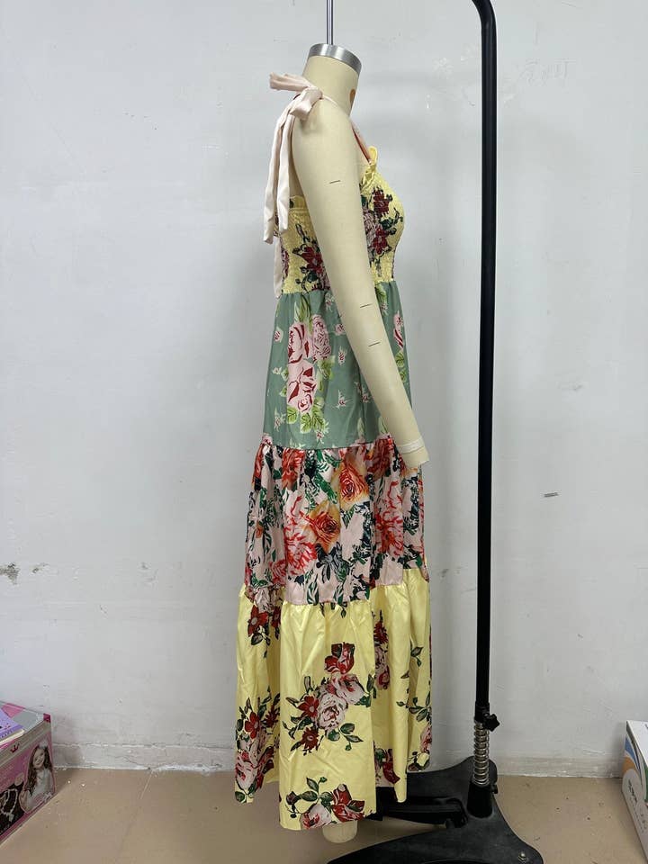 Rosa Clothing - Wholesale Dress - Women's - Gingham Floral patchwork playful bow strap tiered maxi dress5