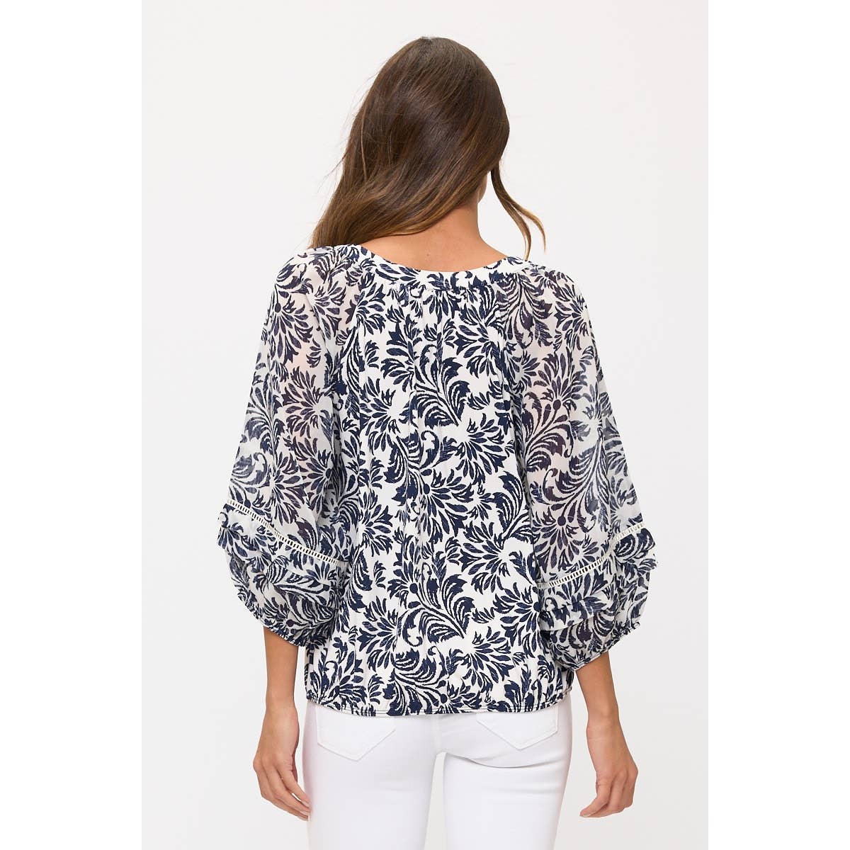 Cream Navy FLORAL MIX MEDIA LATTICE DETAIL BUBBLE HEM PEASANT for wholesale on Faire3