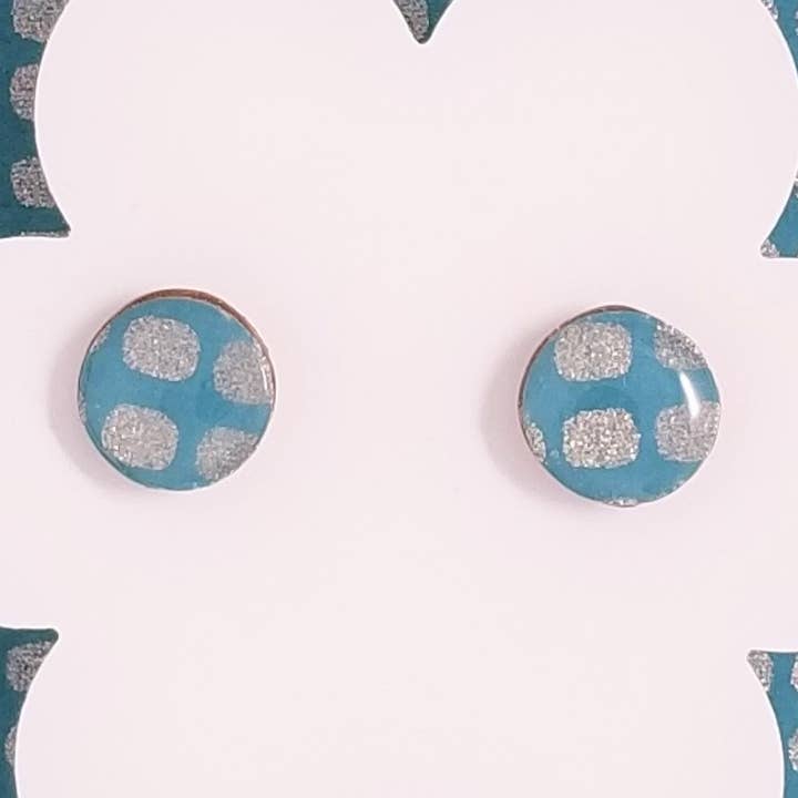 Chiyogami Stud Earrings - Turquoise and Silver Ovals for wholesale by Sweet Space Studio