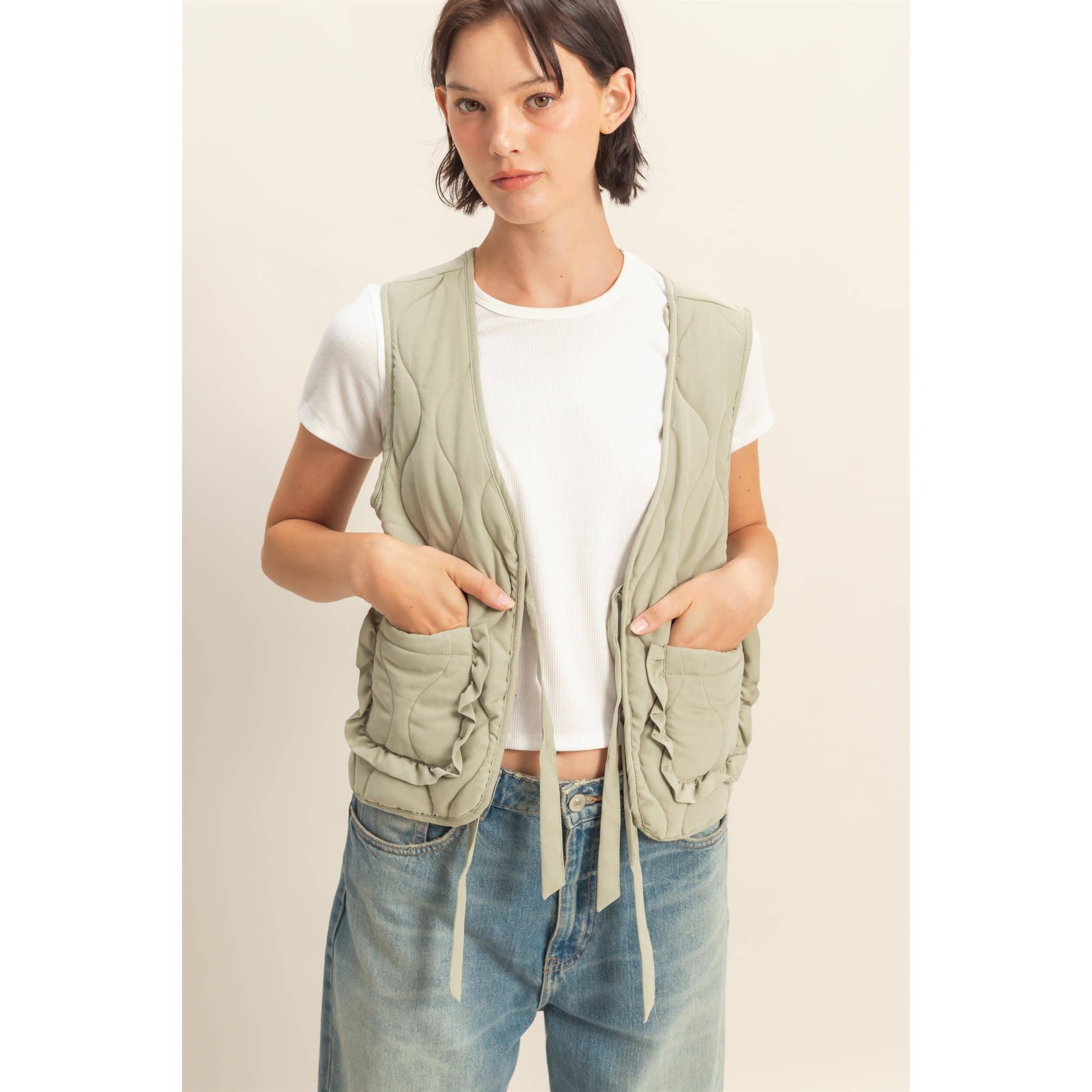 Double Zero - Wholesale Outerwear Vest - Women's - Quilted Vest With Tie-Front And Patch Pockets12