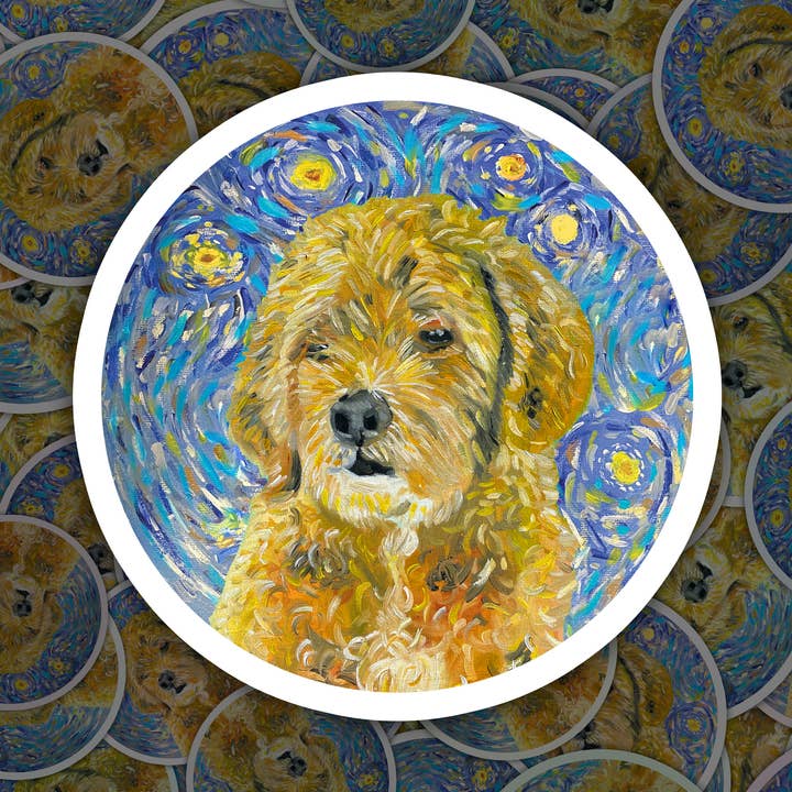 Autocollant en vinyle durable, design de chien aux cheveux bouclés, Van Gogh pour la vente par Deking Art