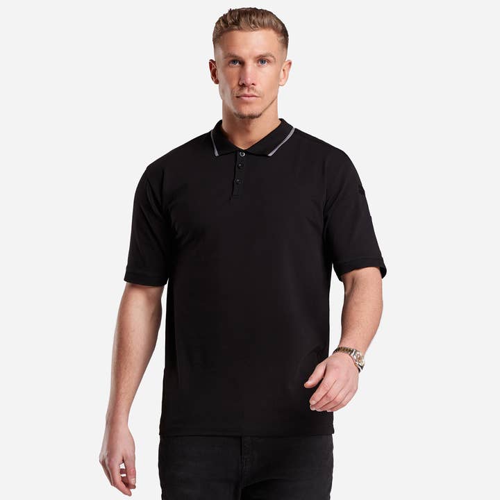 Dusan Polo Shirt - Black with Branded Overarm Tape for wholesale on Faire