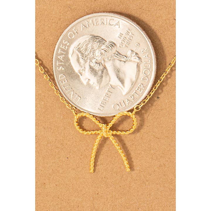 Fame Accessories - Wholesale Pendant/Charm Necklace - Gold Dipped Textured Ribbon Bow Pendant Chain Necklace