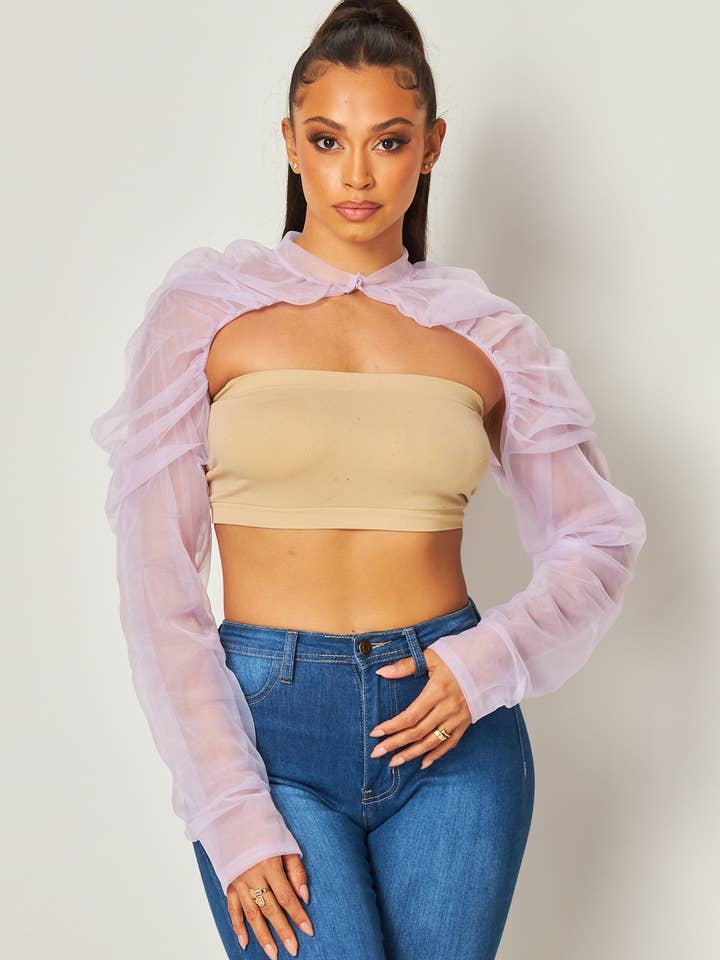 Shirred Sleeve Mesh Shrug Bolero Top (HGT9863) for wholesale by Hot & Delicious