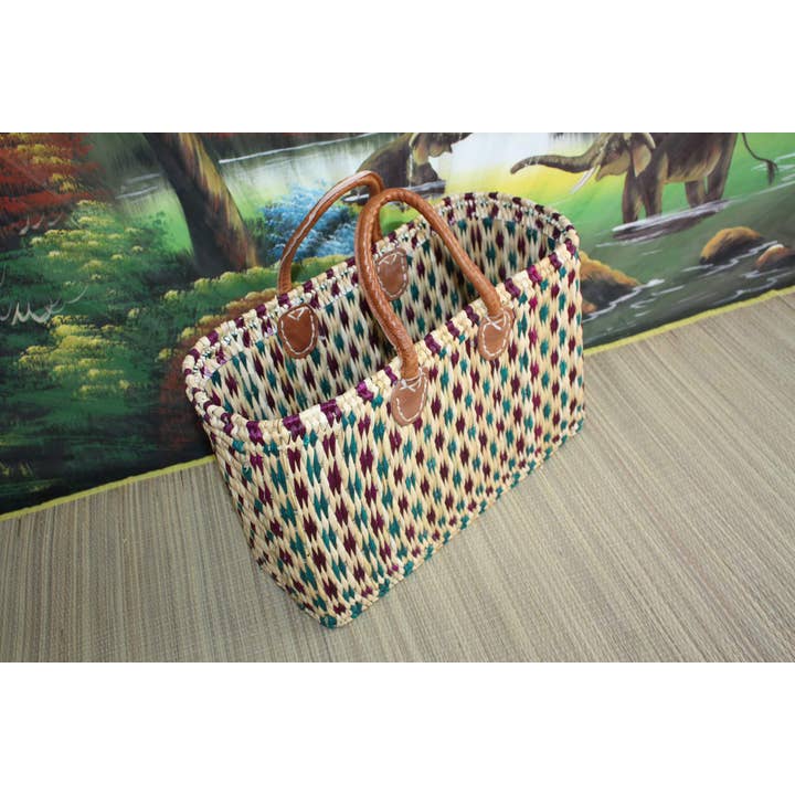 Boutique Huléti - Wholesale Grocery/Shopping Bag - Handmade woven rush shopping basket - Tote markets wicker rattan bag - Moroccan Berber - Green & Purple - 3 Sizes
