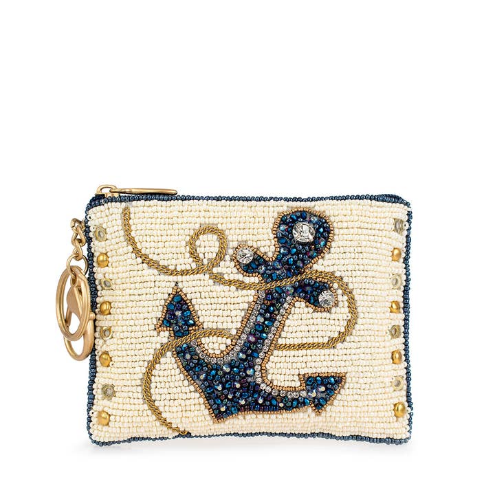 Hooked Up Beaded Blue Anchor Sailor's Coin Purse for wholesale by Mary Frances Accessories