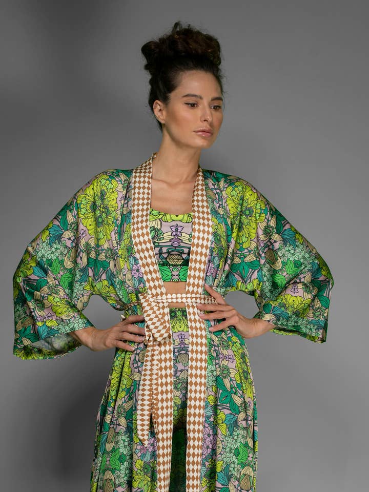 Green Floral Satin Kimono Robe for wholesale by Nuvula