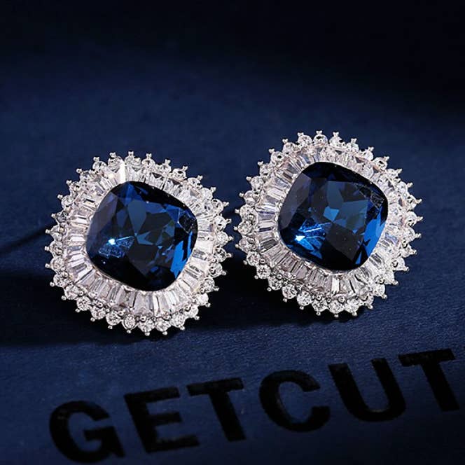 Lyxiga safir blå ädelsten Silver Zircon Stud örhängen för wholesale av Gaia Fashion Inc
