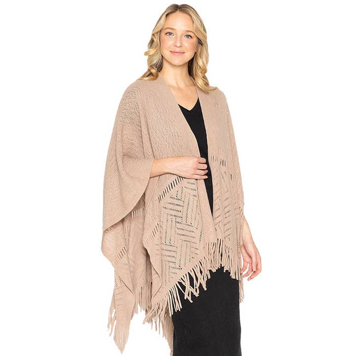 Geometry Open Knit Ruana With Fringe for wholesale by Madeline Love