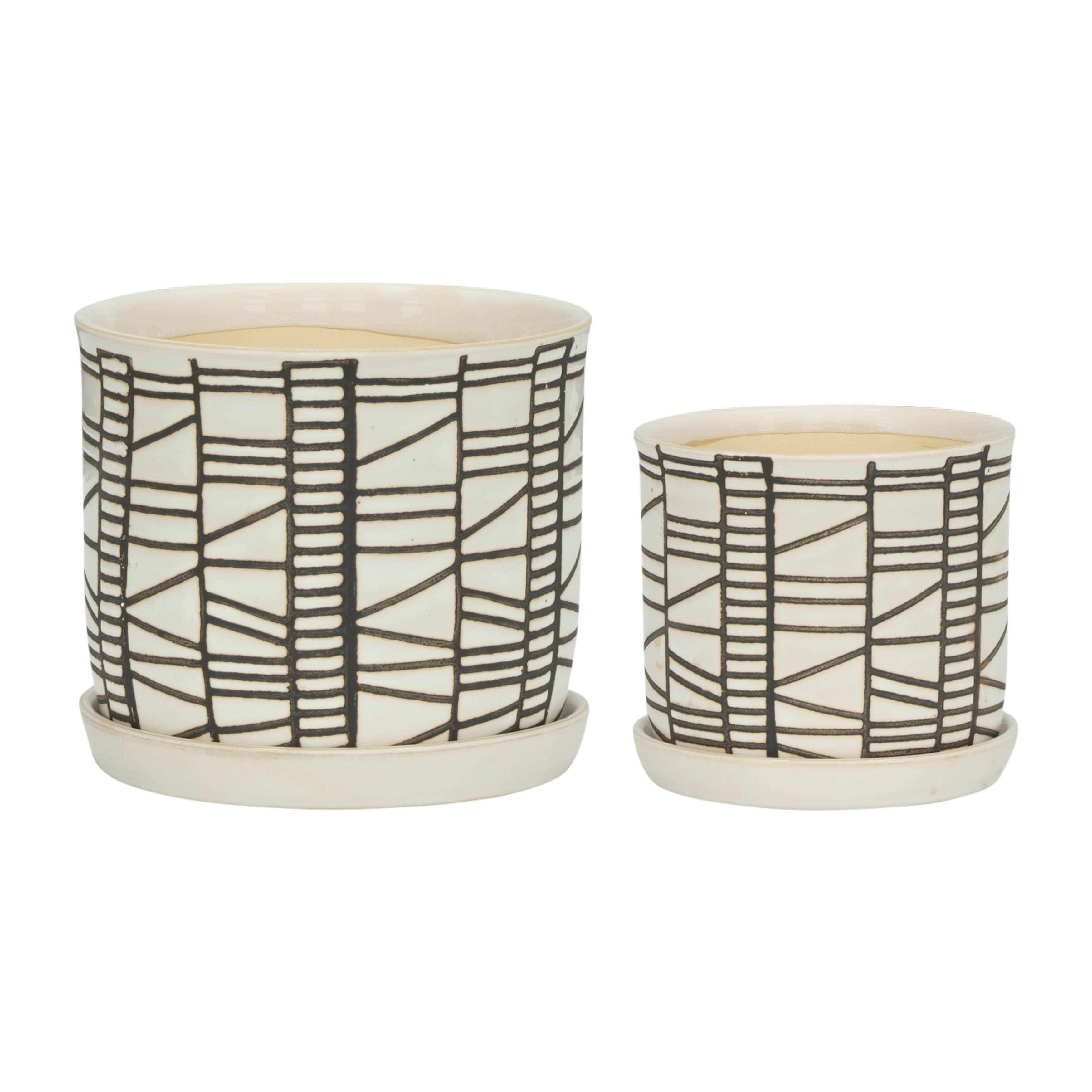 Sagebrook Home - Wholesale Plant Pot - Planters Set of 2 - Beige Ceramic Geometric Saucer, 6/8 in.5