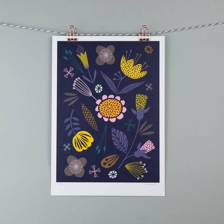 A4 art print - dark purple floral for wholesale by Maggie Magoo Designs