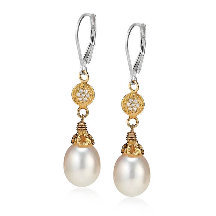 Large Pearl Earrings with 18k Gold Plate and Pave Diamonds for wholesale by Anatoli Jewelry