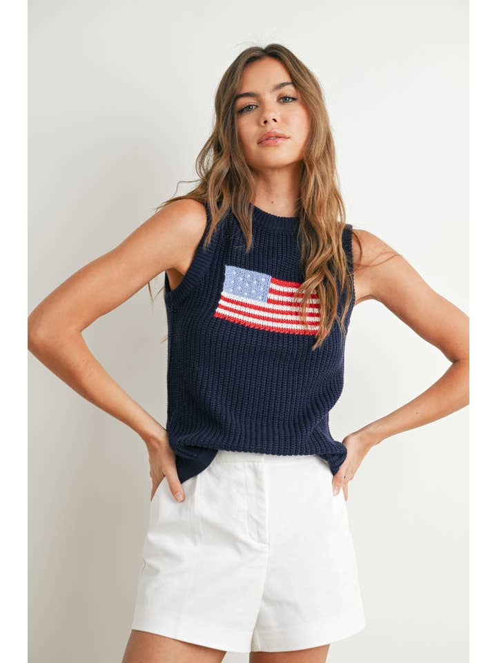 BUTTERMELON - Wholesale Knit Sweater - Women's - Flag Print Knitted Sleeveless Sweater - BMW7749