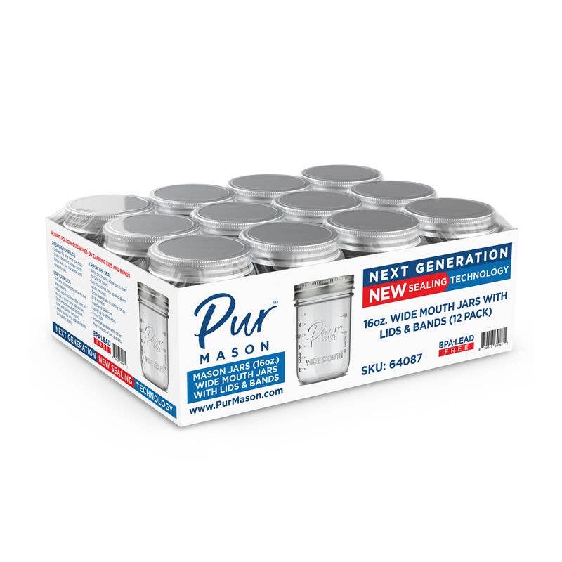 Pur Mason - Wholesale Jar - 16oz Wide Mouth Mason Jar with Lid and Band - 12 Pack0