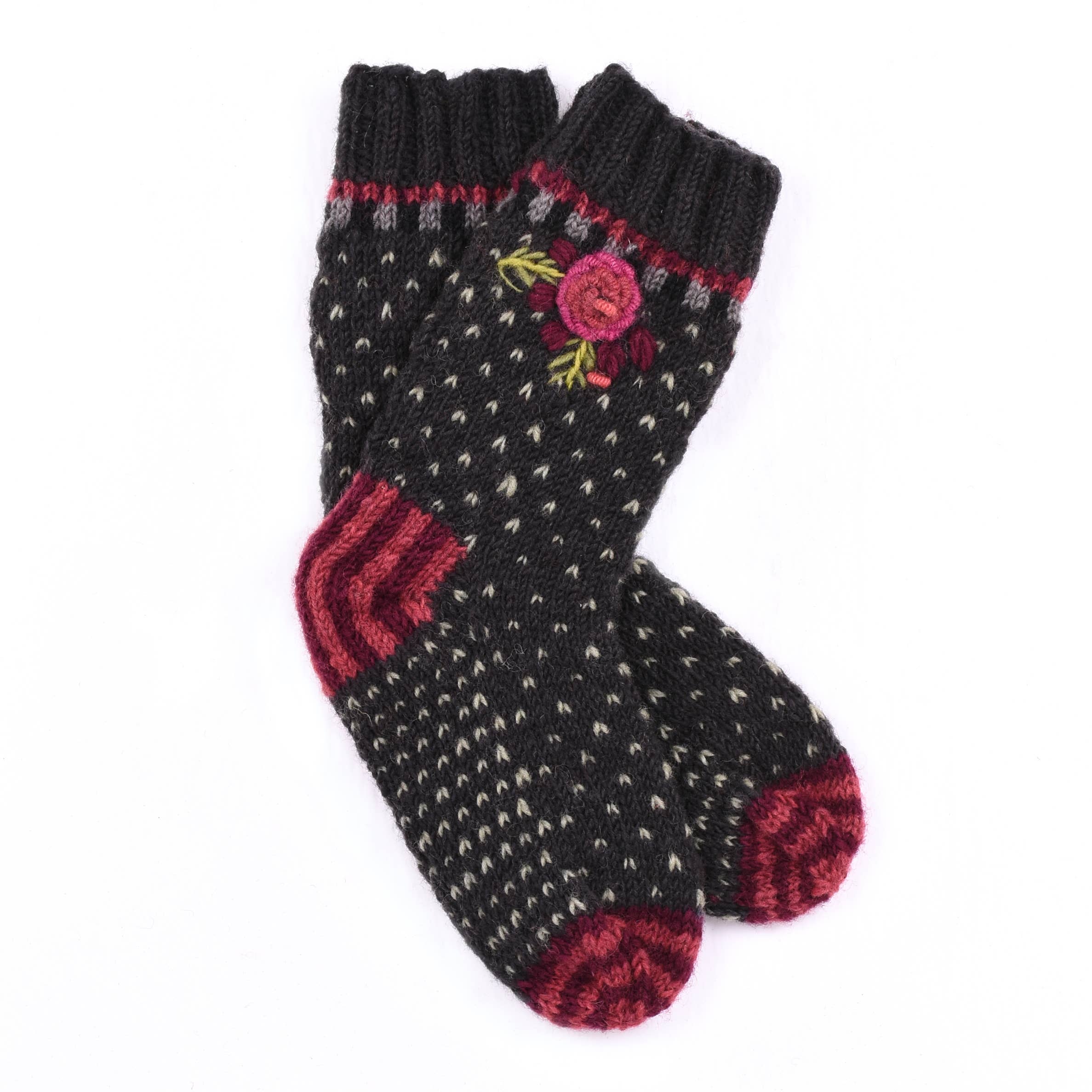Lost Horizons Canada - Wholesale Socks - Women's - Aubrey Wool Socks Hand Knit With Embroidered Floral Detail0