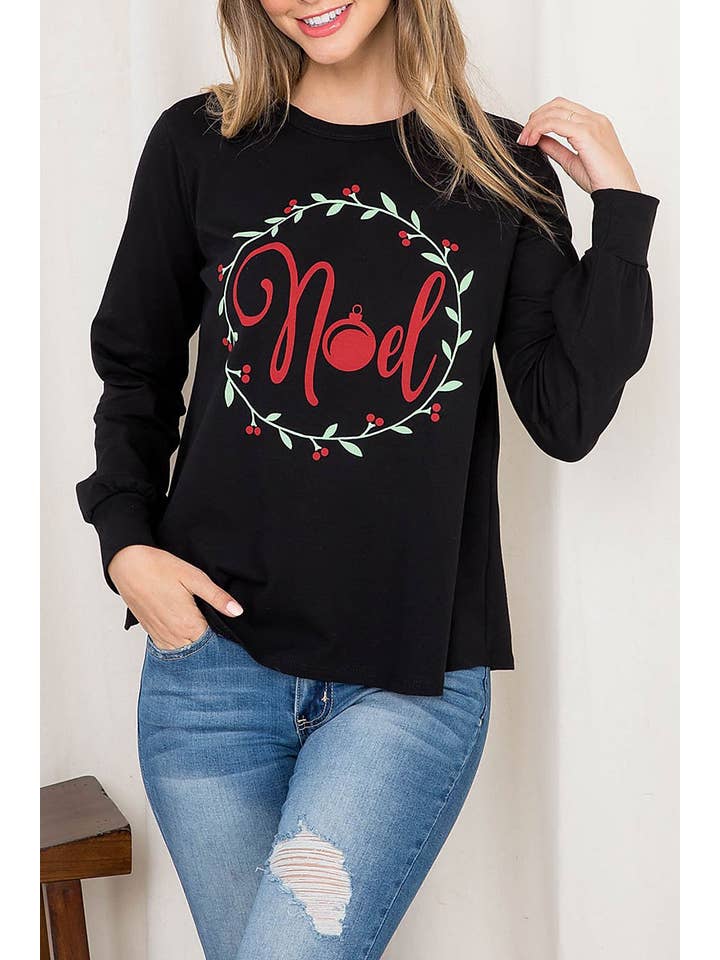 Black NOEL PRINT ROUND NECK LONG SLEEVE TOP for wholesale on Faire2