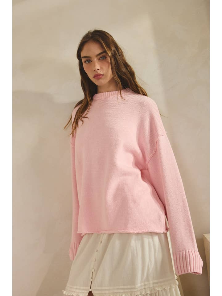 Creamon - Wholesale Knit Sweater - Women's - NSW2569-Relaxed Boyfriend Fit Crew Neck Sweater