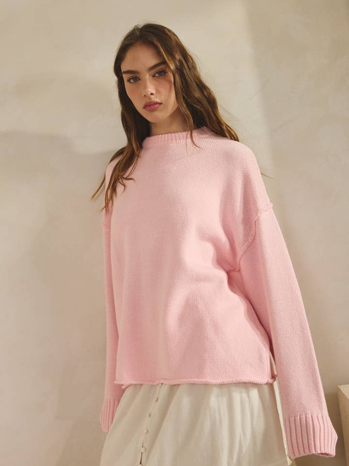 NSW2569-Relaxed Boyfriend Fit Crew Neck Sweater PINK for wholesale by Creamon