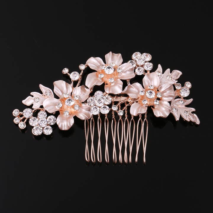 (69585-600) Wedding Jewelry Rose Gold Plating Hair Comb for wholesale by Cool Crystals