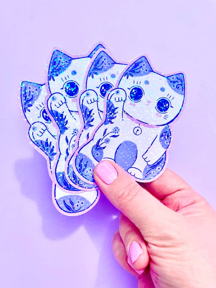 Lucky Cat sparkle kawaii vinyl sticker for wholesale by Paper Cat Club
