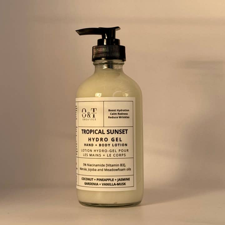 Lotion hydrogel pour les mains et le corps Tropical Sunset 240 ml pour la vente par Oak & Tonic Organics