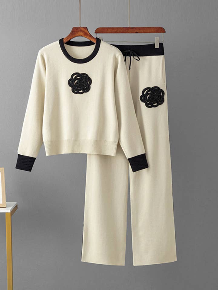 DE VAVE - Wholesale Top & Pant Set (NOT Loungewear) - Women's - Floral Patchwork Sweater and Wide-Leg Pants Set