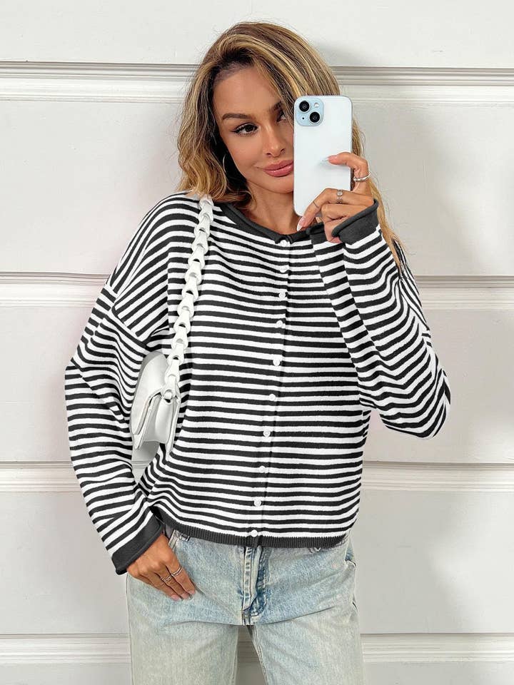 Suhkasana - Wholesale Cardigan - Women's - Striped Color Block Cardigan Sweater | Long Sleeve Casual Open Front18