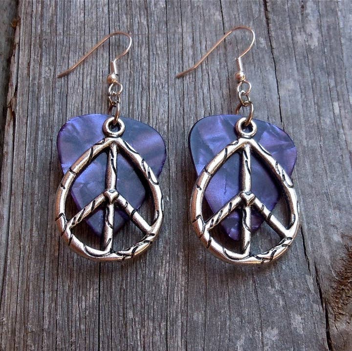 Simply Raevyn - Wholesale Dangle Earrings - Large Oval Peace Sign Charm Guitar Pick Earrings25