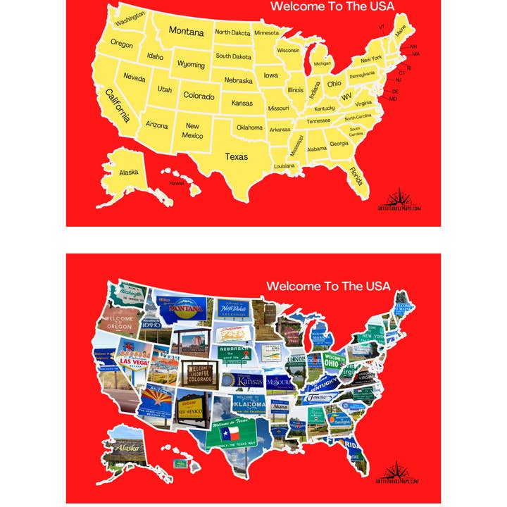 Welcome Signs US State Scratch-Off Map Travel Poster Tracker for wholesale by Artsy Travel Maps