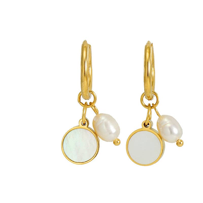 Mio Queena - Wholesale Huggie Earrings - Pearl Shell 18K Gold-plated Stainless Steel Earrings - FGS1