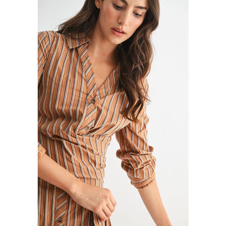 BROWN NAVY STRIPE STRIPED COLLARED SHIRT DRESS for wholesale on Faire4