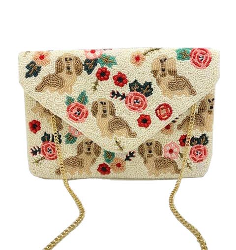 Pizzazz, Inc. - Wholesale Clutch Bag - Women's - FLORAL PUPPY BEADED CLUTCH