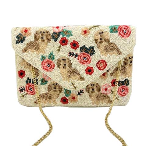 FLORAL PUPPY BEADED CLUTCH for wholesale by Pizzazz, Inc.