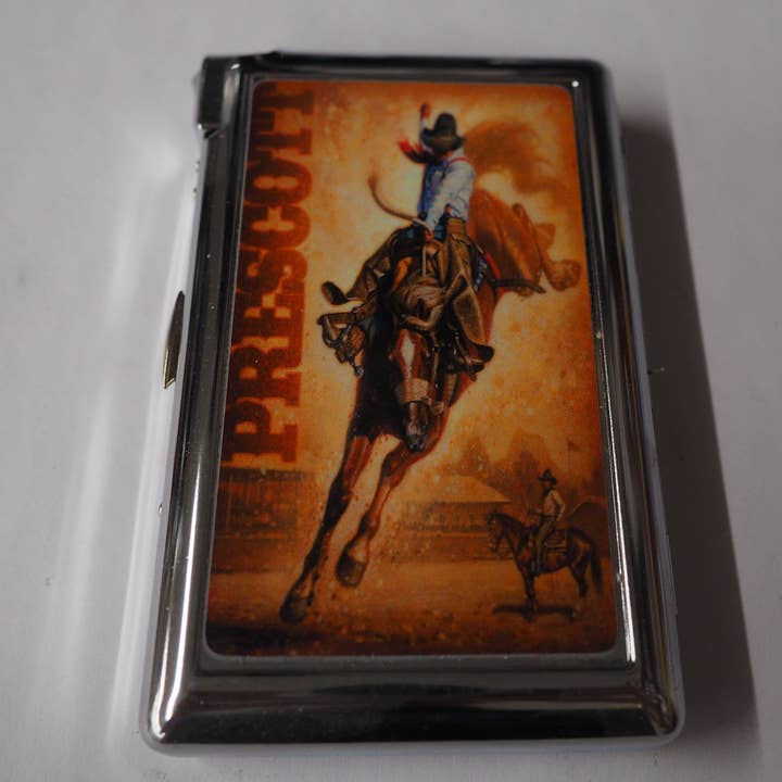 Prescott Rodeo Cigarette Marijuana Case w/built in lighter for wholesale by Lighter King