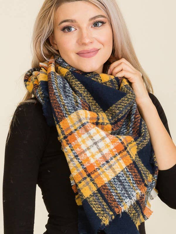 Striped Plaid Patterned And Fringed Brushed Blanket Shawl for wholesale by Cap Zone